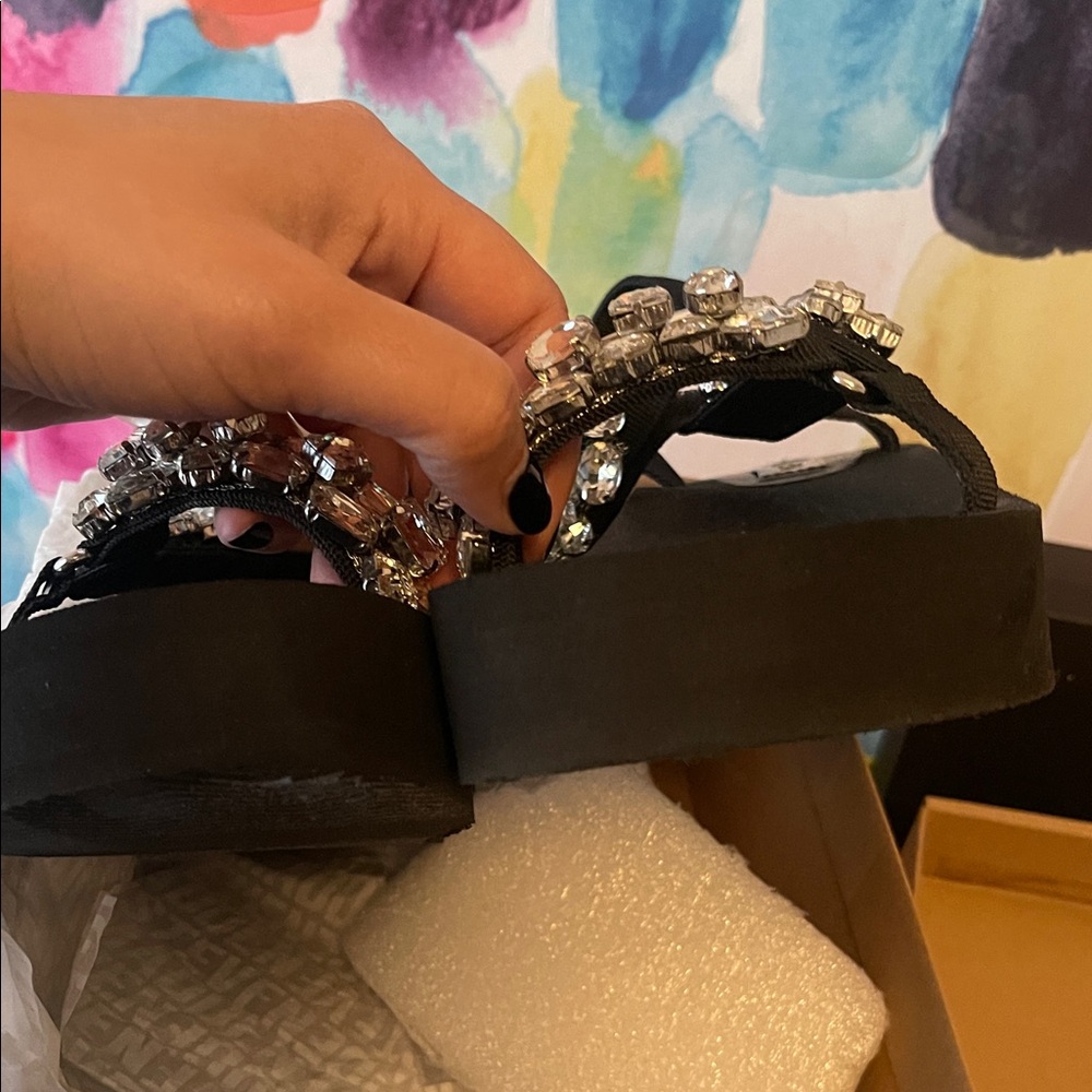Steve Madden Black Jeweled Platform Sandals with Clear Crystals - Picture 5 of 11